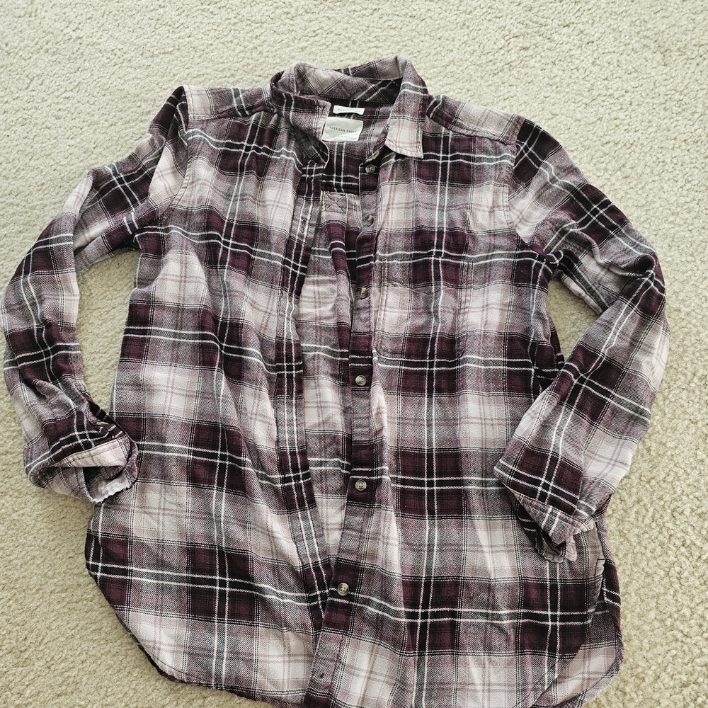 American Eagle Outfitters Plaid Button Down Shirt - Purple and White